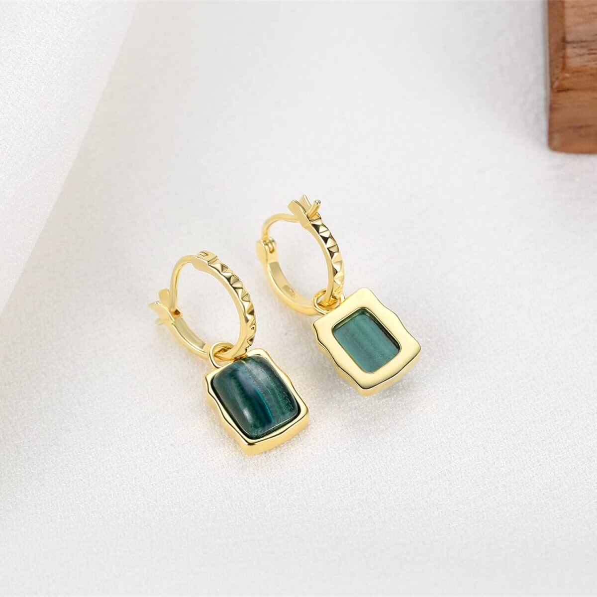 Gold Vermeil Square Malachite Drop Earrings for Women-6