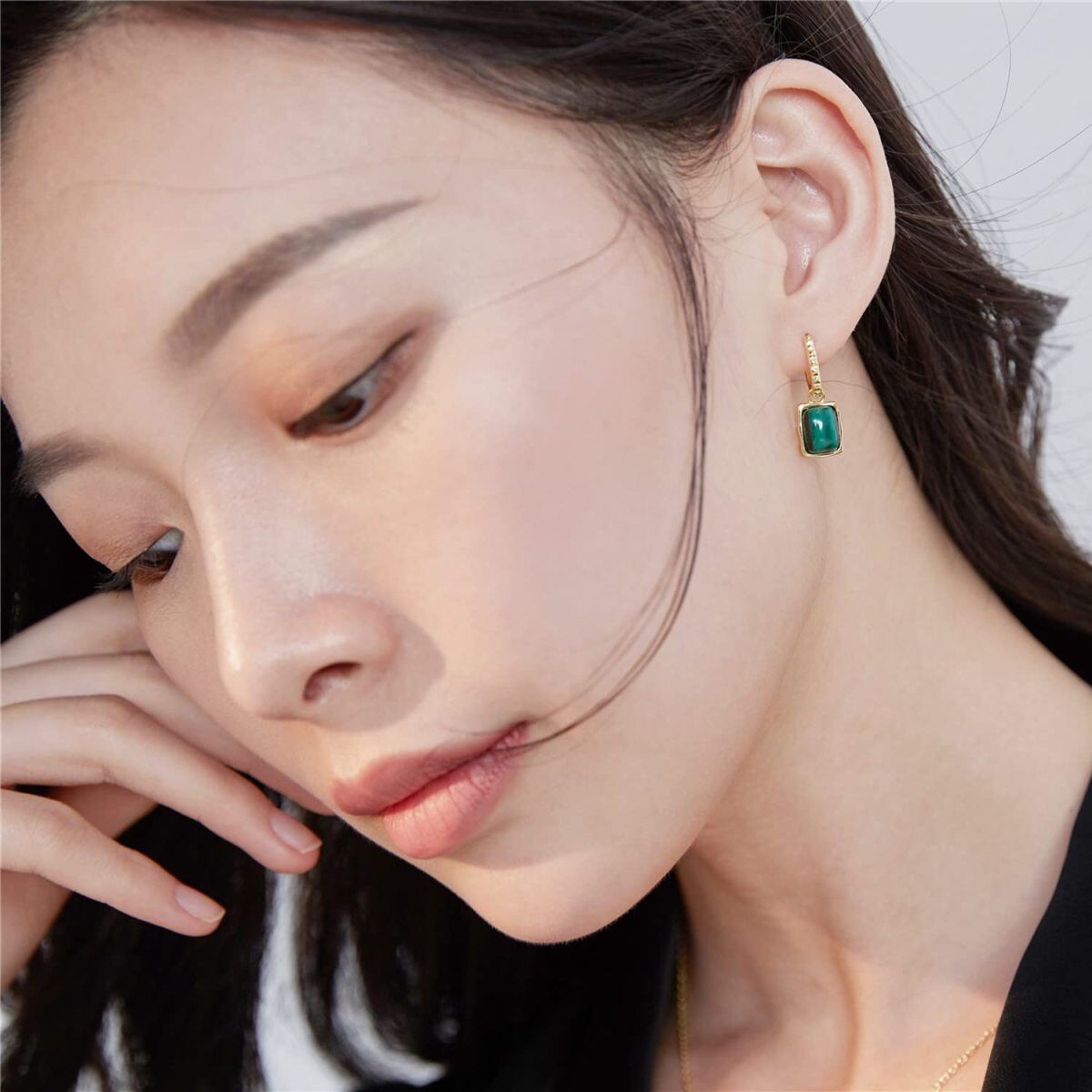 Gold Vermeil Square Malachite Drop Earrings for Women-2