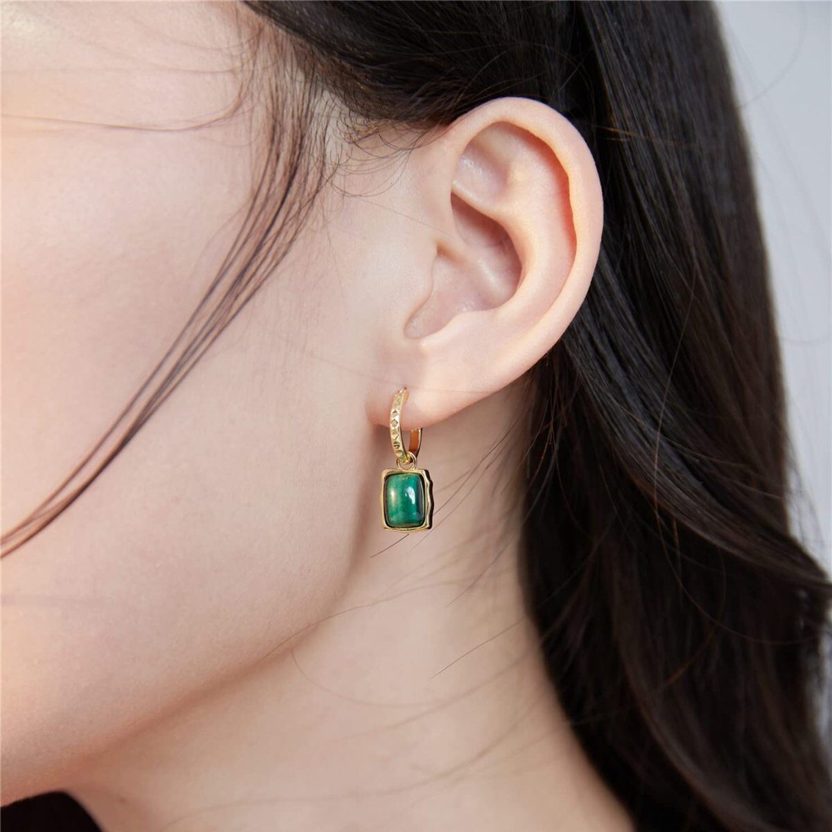 Gold Vermeil Square Malachite Drop Earrings for Women-3