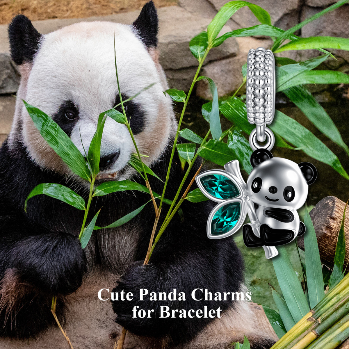 Sterling Silver Green Marquise Crystal Bamboo Panda Dangle Charm for Bracelet-6