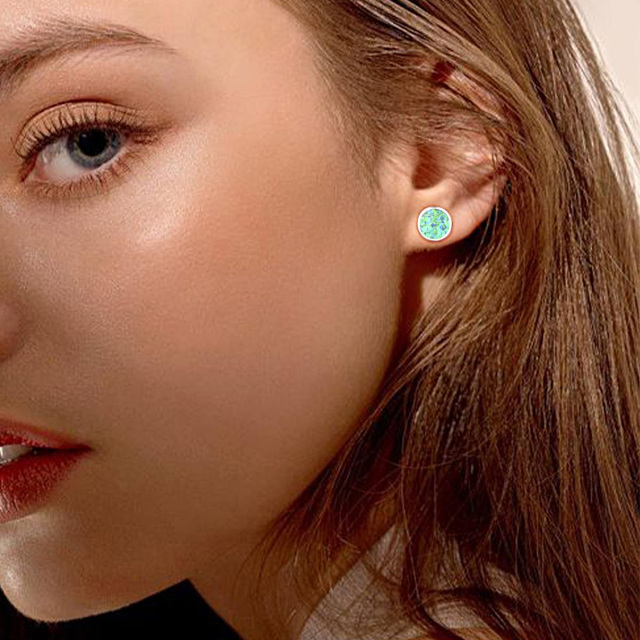 Sterling Silver Green Round Opal Stud Earrings for Women-2