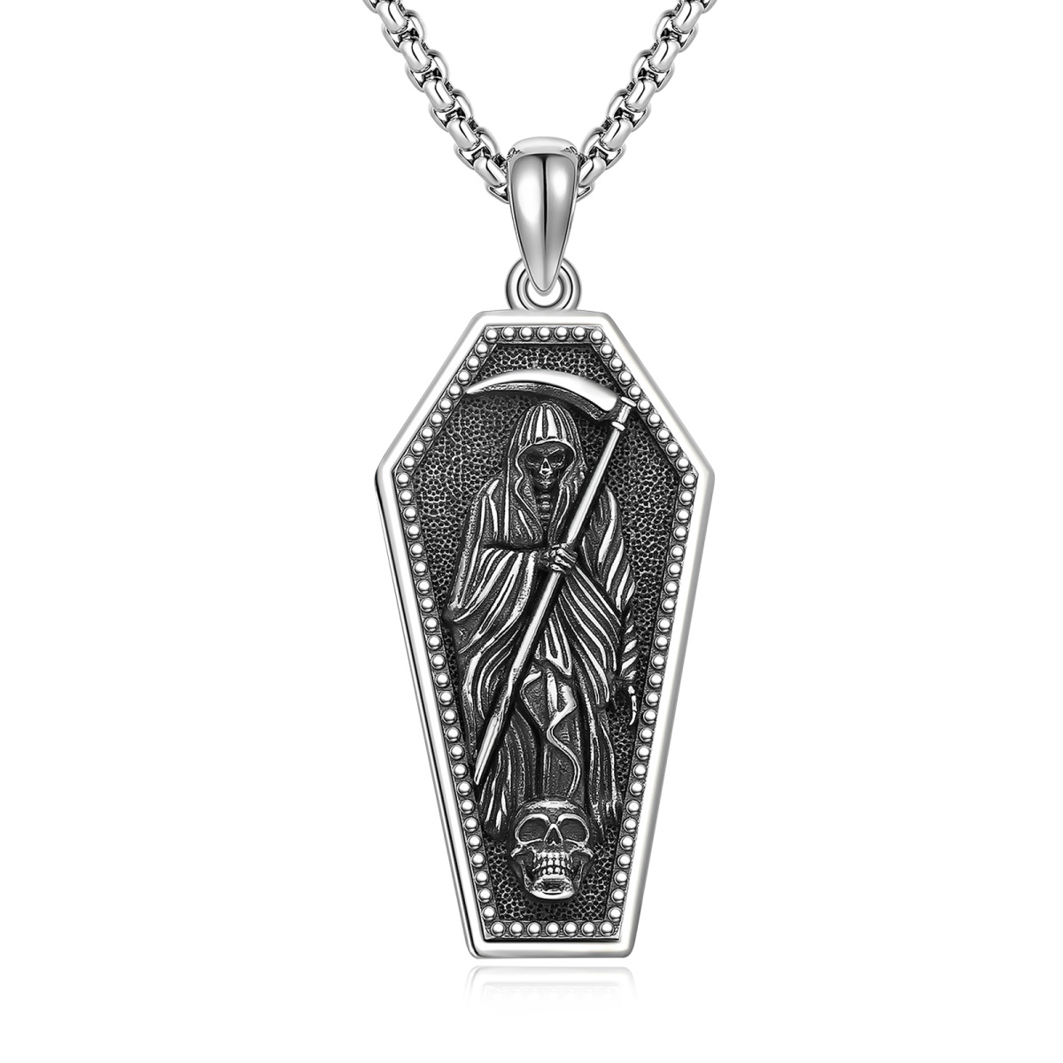 Collar de plata de ley con parca y calavera y palabra grabada para hombre-1