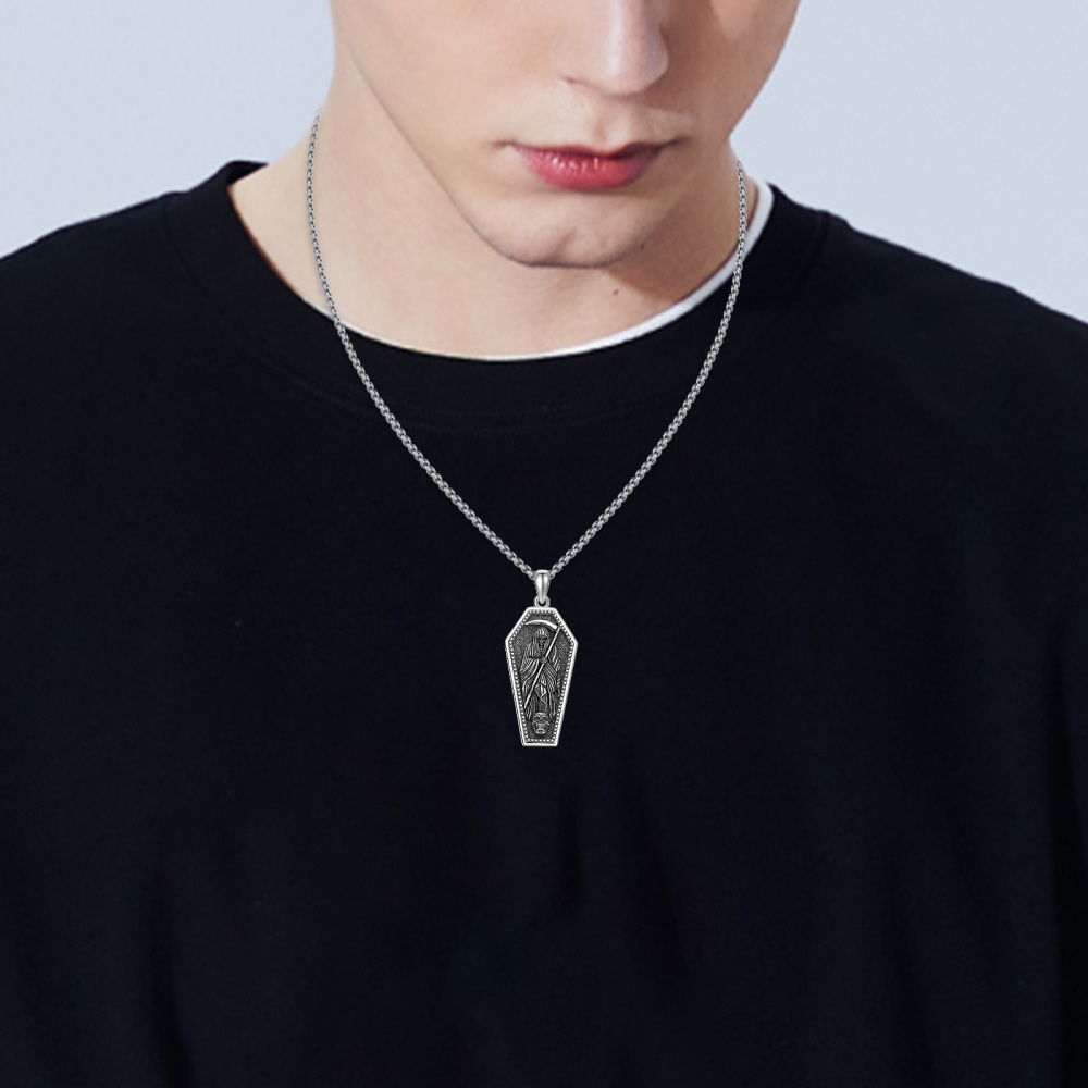 Sterling Silver Grim Reaper & Skull Pendant Necklace with Engraved Word for Men-2