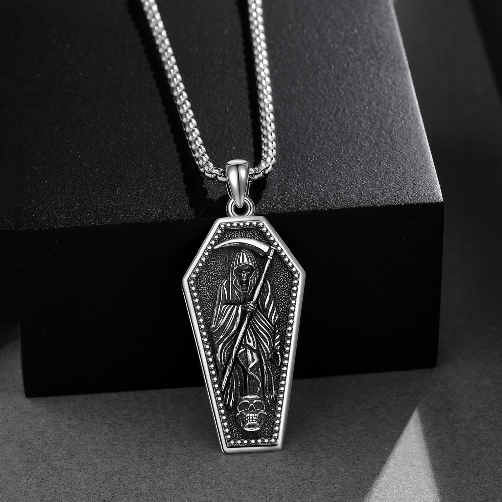 Sterling Silver Grim Reaper & Skull Pendant Necklace with Engraved Word for Men-4