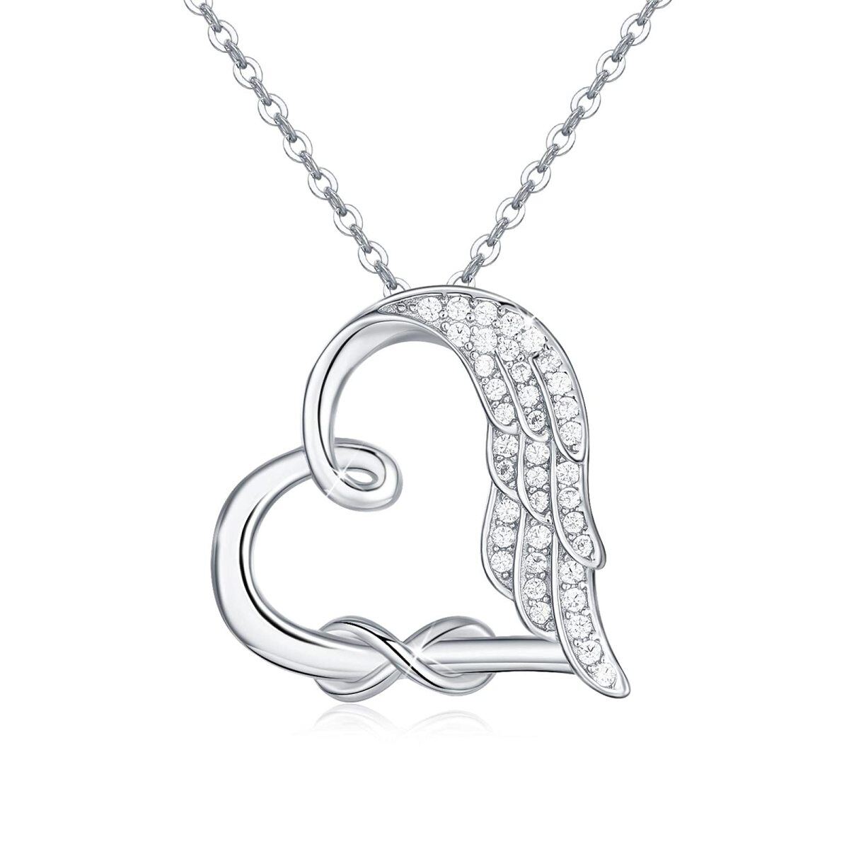 Sterling Silver Cubic Zirconia Feather & Heart Infinity Symbol Necklace for Women-1