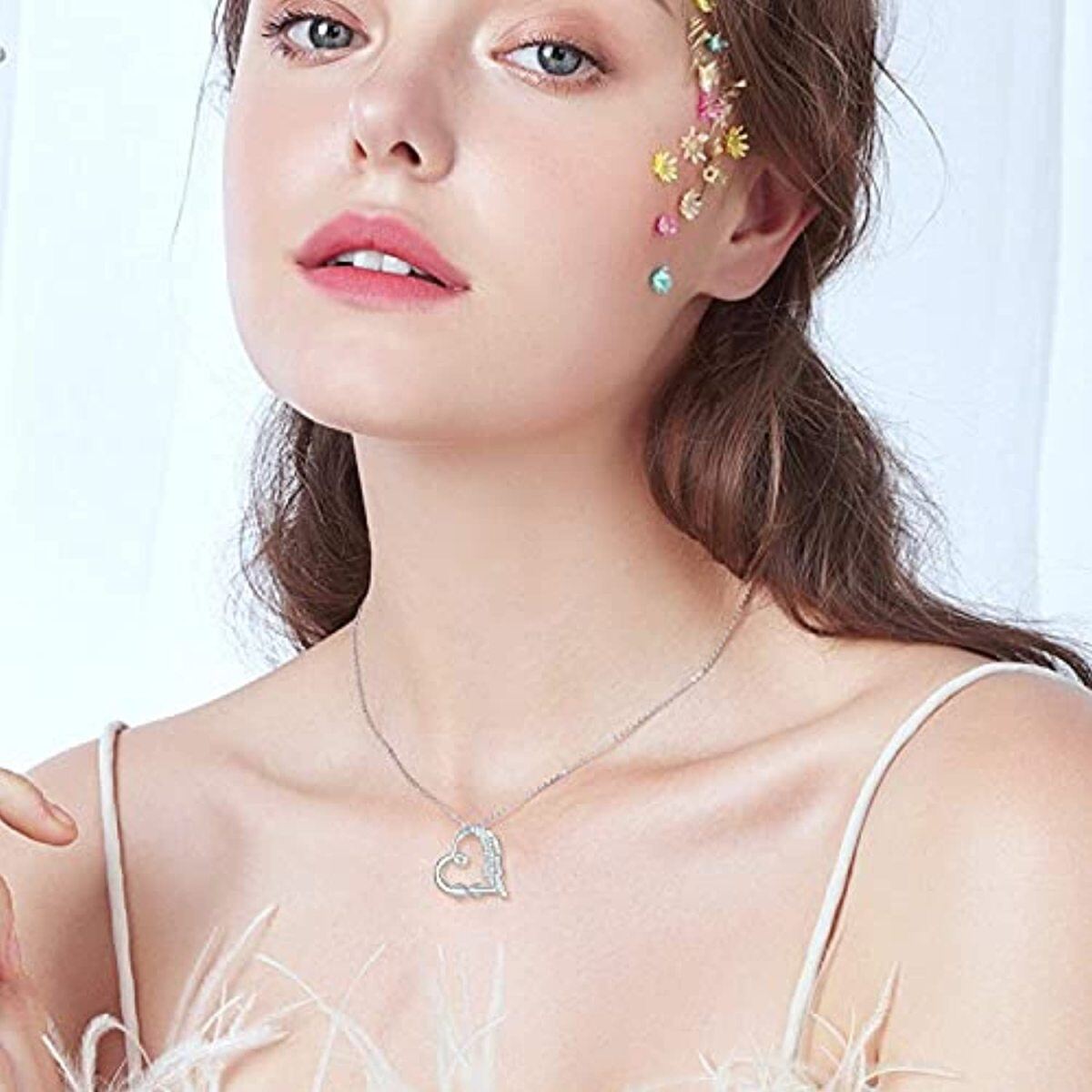 Collar con símbolo de infinito en forma de corazón y pluma de circonita cúbica en plata de ley para mujer-2