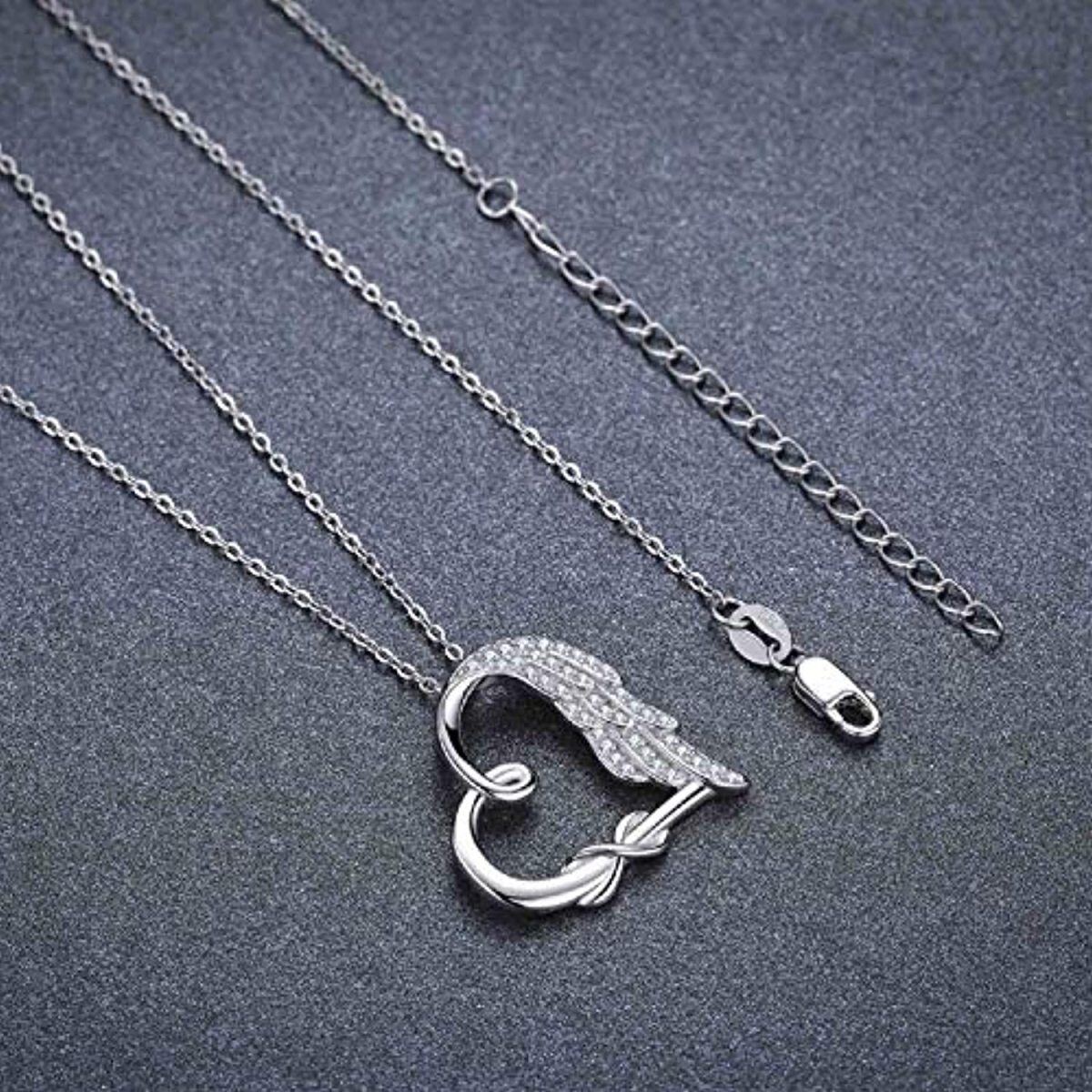 Sterling Silver Cubic Zirconia Feather & Heart Infinity Symbol Necklace for Women-5