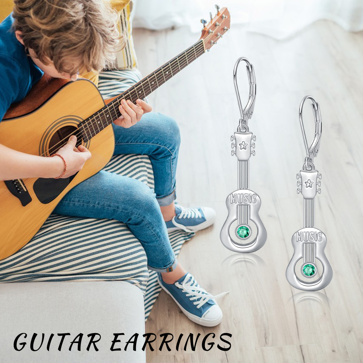 Boucles d'oreilles Guitare à Zircon cubique en argent sterling-6