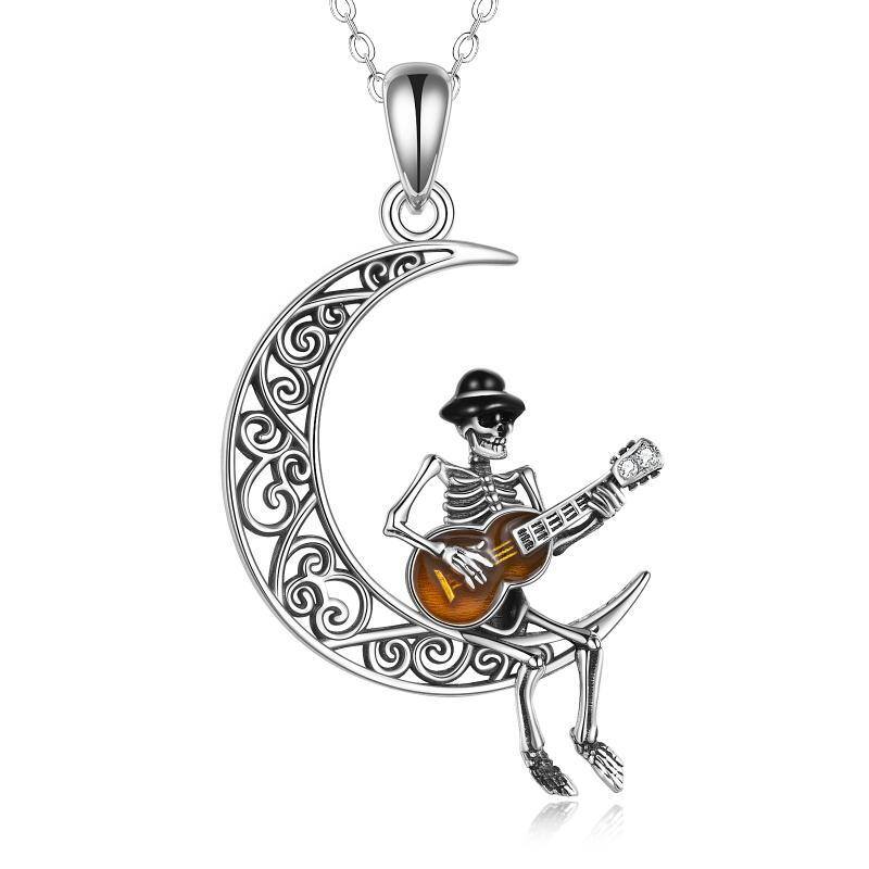 Sterling Silver Moon Skull Guitar Pendant Necklace For Best Friend-9