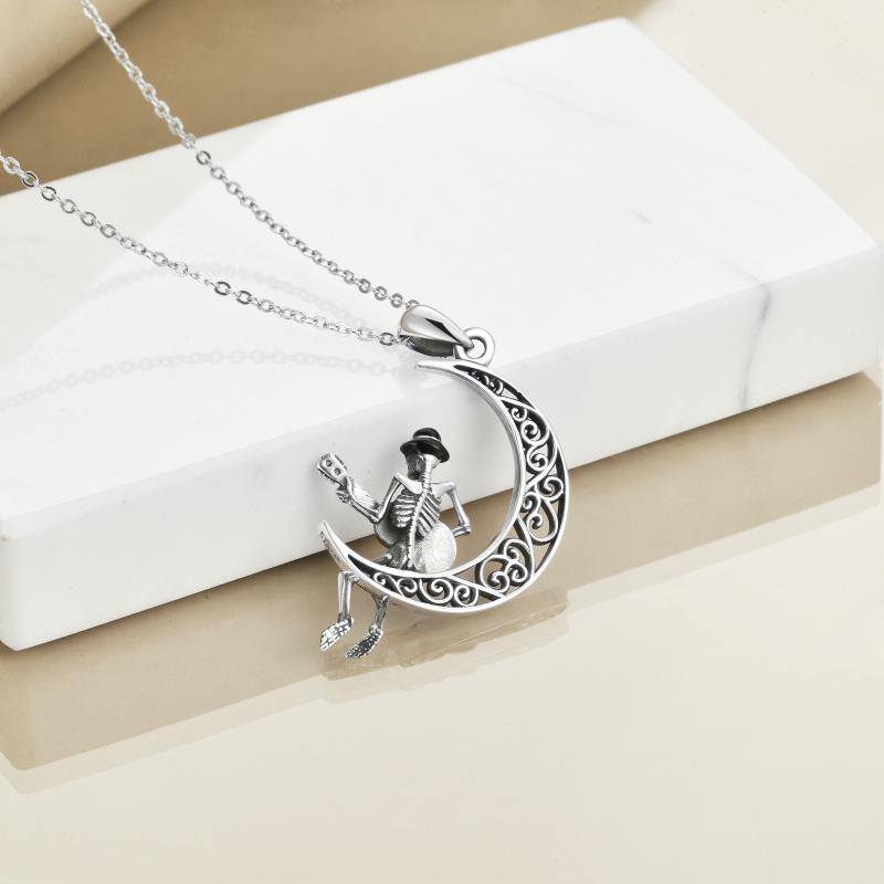 Sterling Silver Moon Skull Guitar Pendant Necklace For Best Friend-4