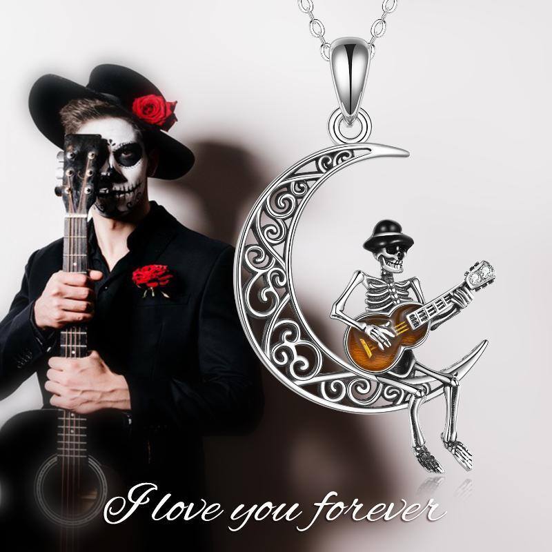 Sterling Silver Moon Skull Guitar Pendant Necklace For Best Friend-6