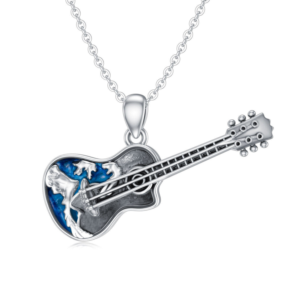 Sterling Silver Guitar Ocean Wave Pendant Necklace-1