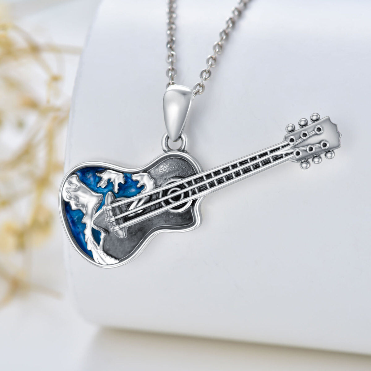 Sterling Silver Guitar Ocean Wave Pendant Necklace-3