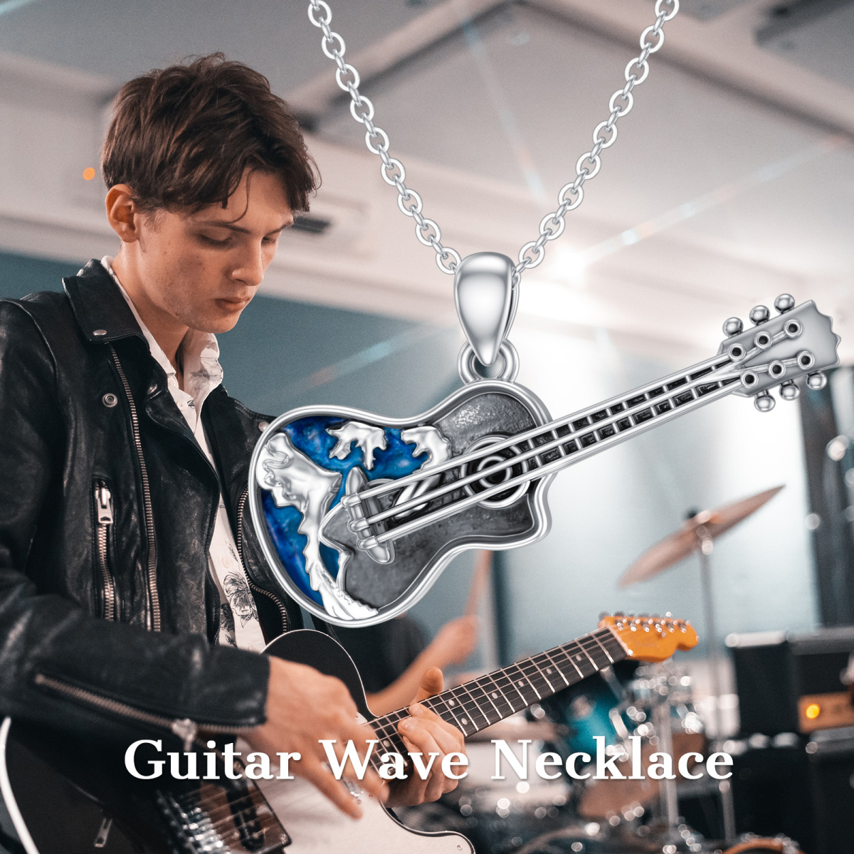 Sterling Silver Guitar Ocean Wave Pendant Necklace-5