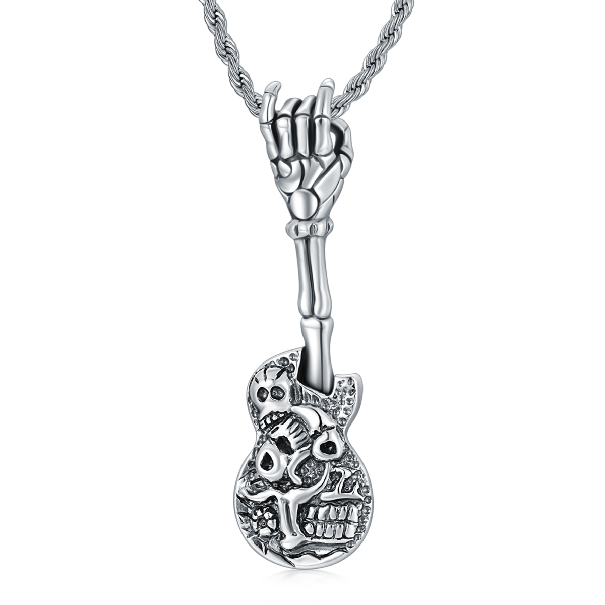 Sterling Silver Guitar & Skull Pendant Necklace-1