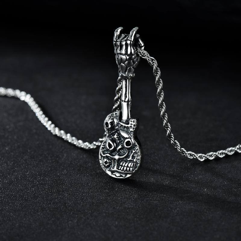 Sterling Silver Guitar & Skull Pendant Necklace-3