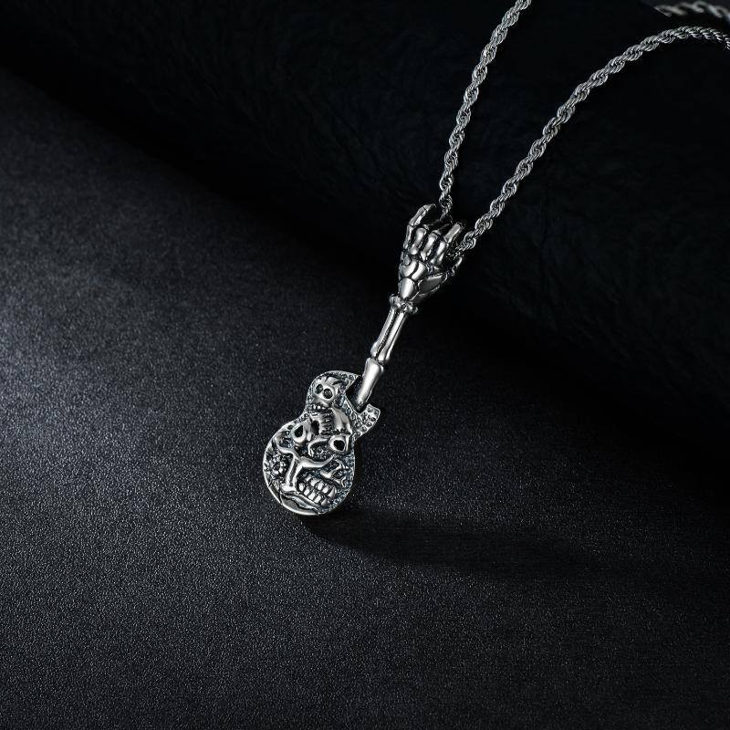 Collier en argent sterling avec pendentif guitare et crâne-5