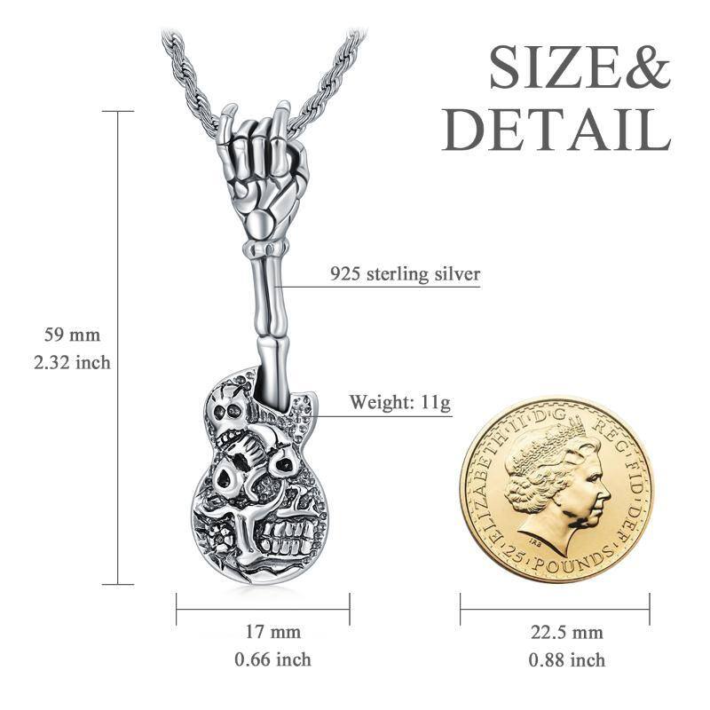 Sterling Silver Guitar & Skull Pendant Necklace-7