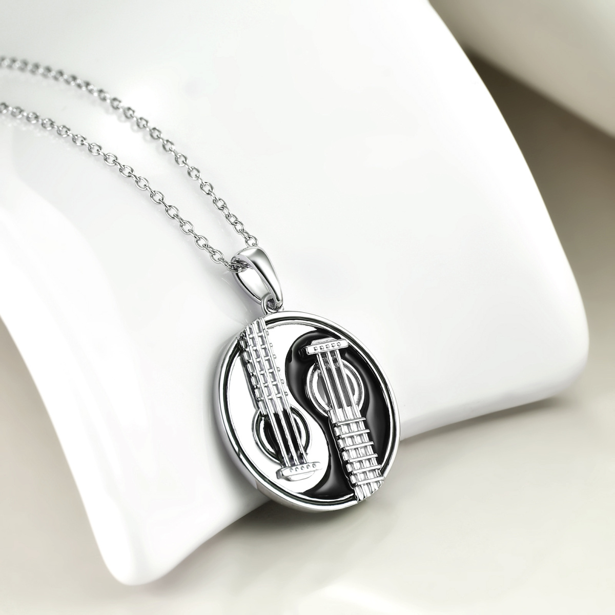 Sterling Silver Guitar & Yin Yang Pendant Necklace-3