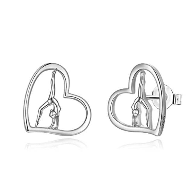 Sterling Silver Gymnastics & Heart Stud Earrings-1