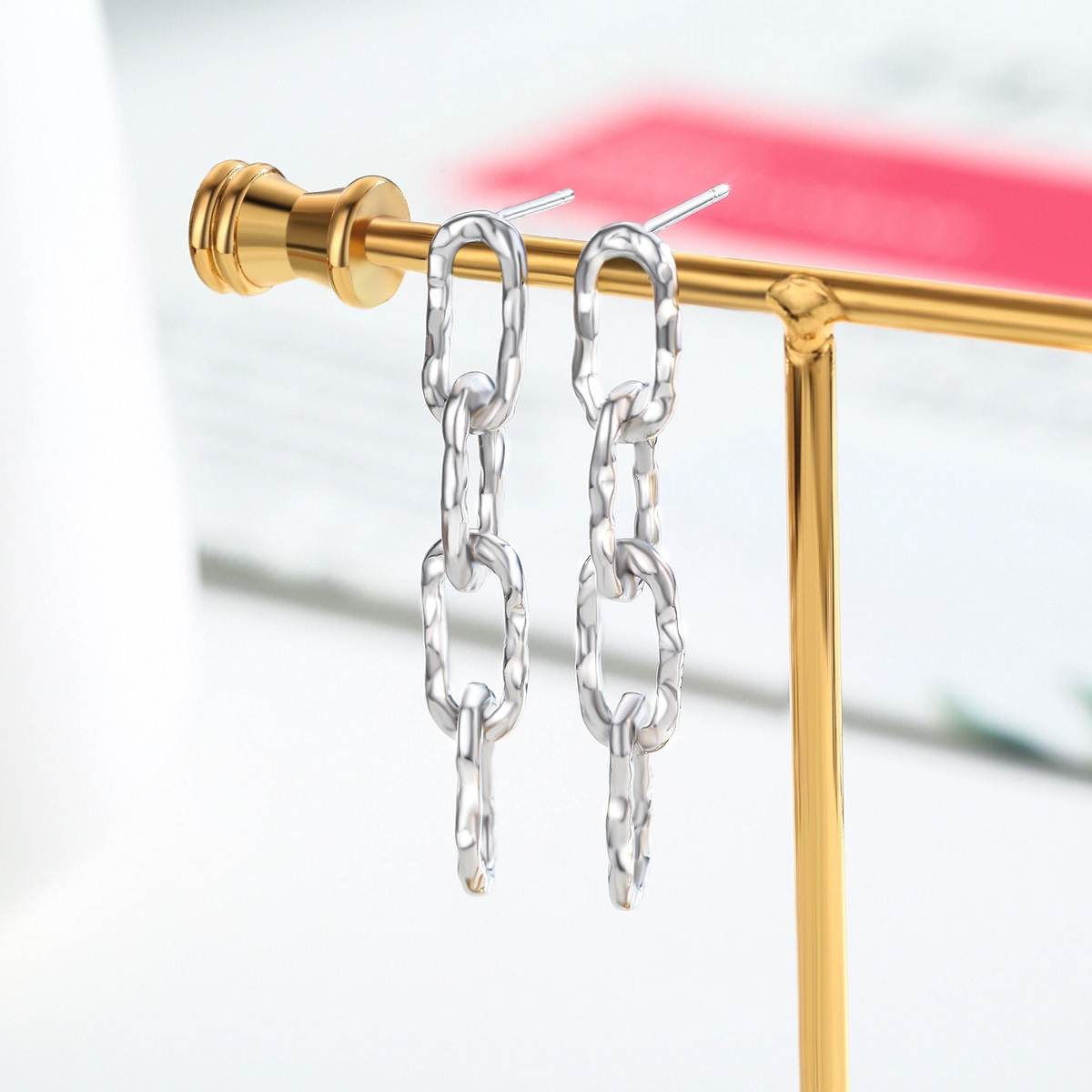 Sterling Silver Hammered Chain Link Drop Earrings for Women-3