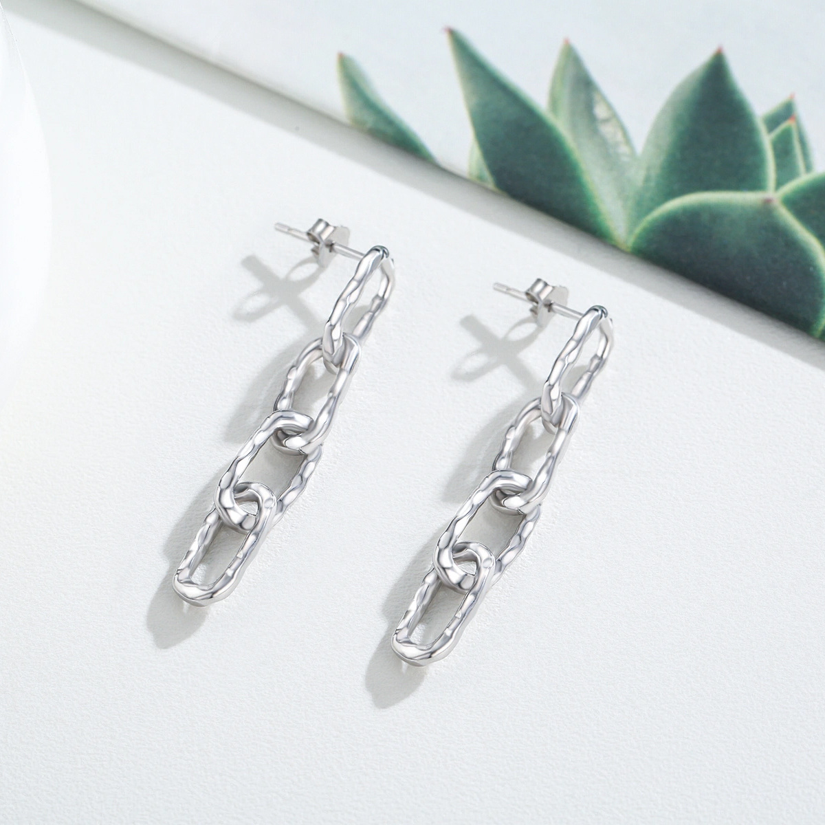 Boucles d'oreilles pendantes à maillons de chaîne martelés en argent sterling pour femmes-4