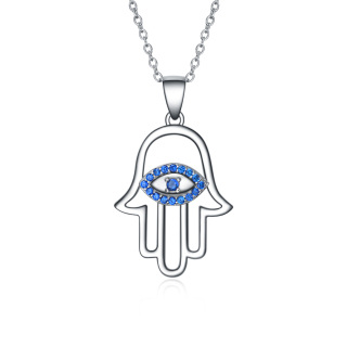 Sterling Silver Blue Cubic Zirconia Evil Eye Hamsa Hand Necklace for Women Men-16