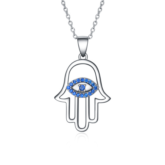 Sterling Silver Blue Cubic Zirconia Evil Eye Hamsa Hand Necklace for Women Men