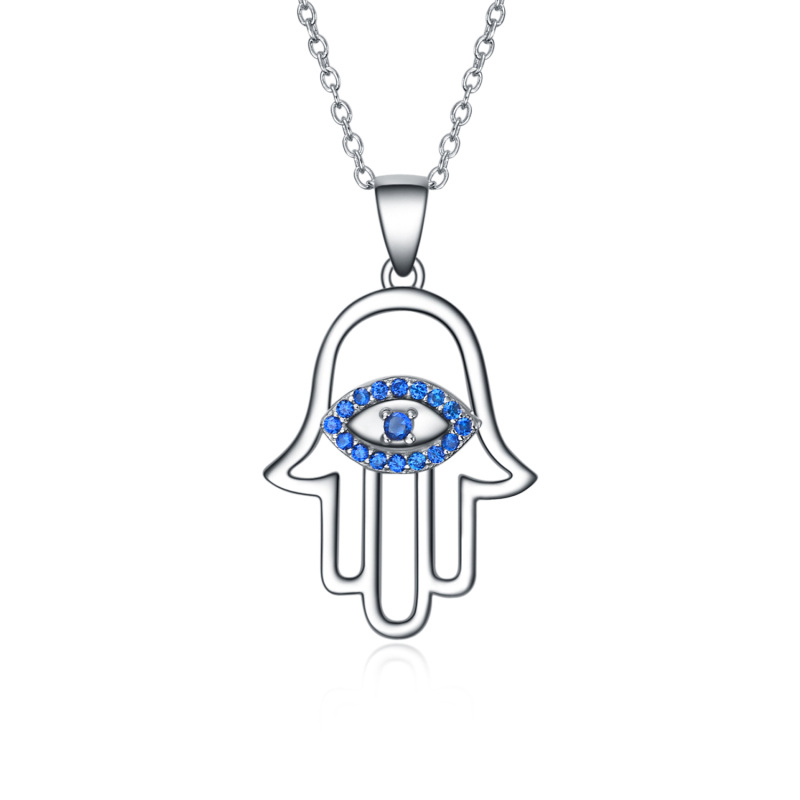 Sterling Silver Blue Cubic Zirconia Evil Eye Hamsa Hand Necklace for Women Men-1