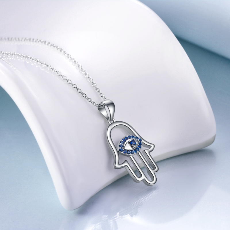 Sterling Silver Blue Cubic Zirconia Evil Eye Hamsa Hand Necklace for Women Men-3