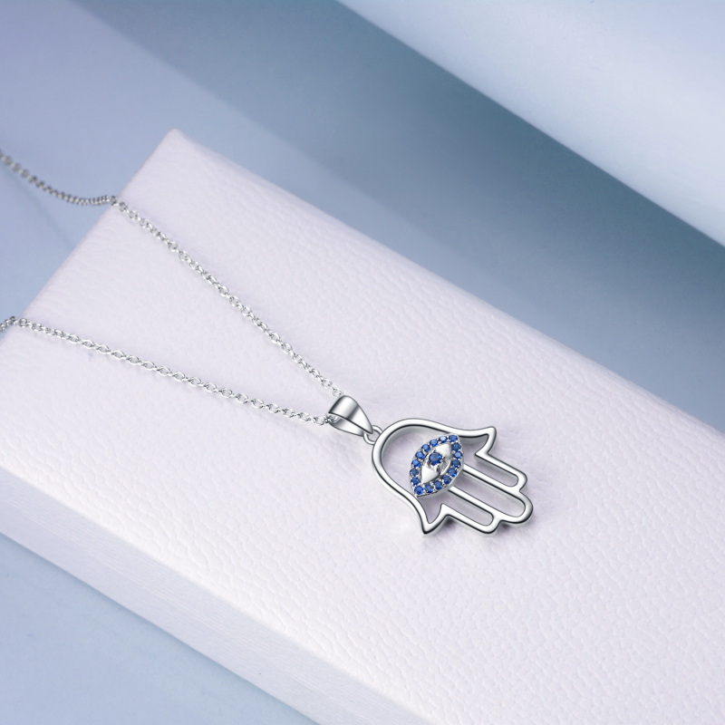 Sterling Silver Blue Cubic Zirconia Evil Eye Hamsa Hand Necklace for Women Men-4