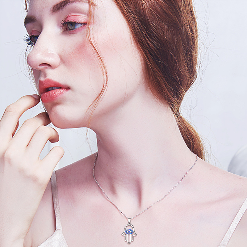 Sterling Silver Blue Cubic Zirconia Evil Eye Hamsa Hand Necklace for Women Men-2