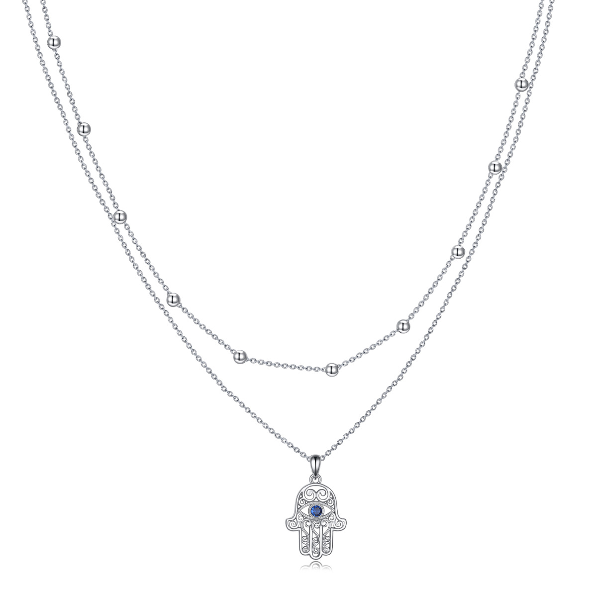 Sterling Silber Zirkonia Hamsa Hand mehrreihige Halskette-1