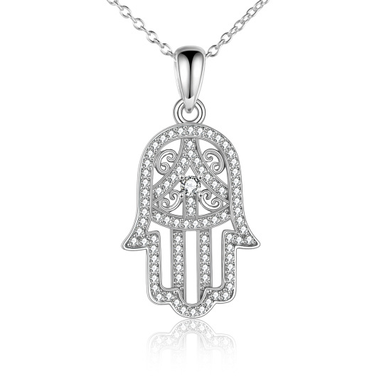 Plata de Ley Circonita Hamsa Mano Colgante Collar