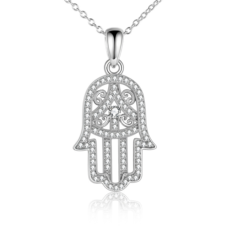 Plata de Ley Circonita Hamsa Mano Colgante Collar-11