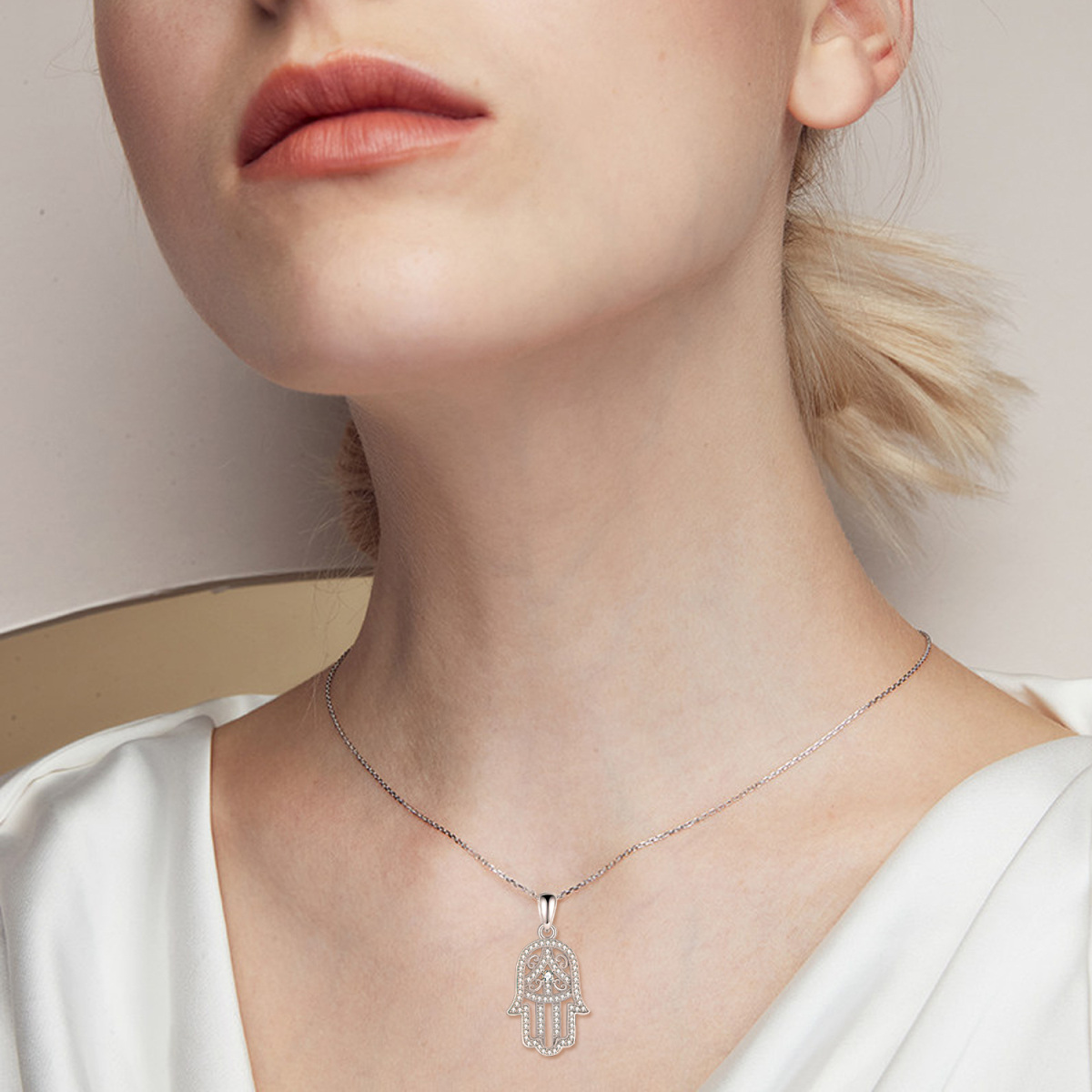 Plata de Ley Circonita Hamsa Mano Colgante Collar-2