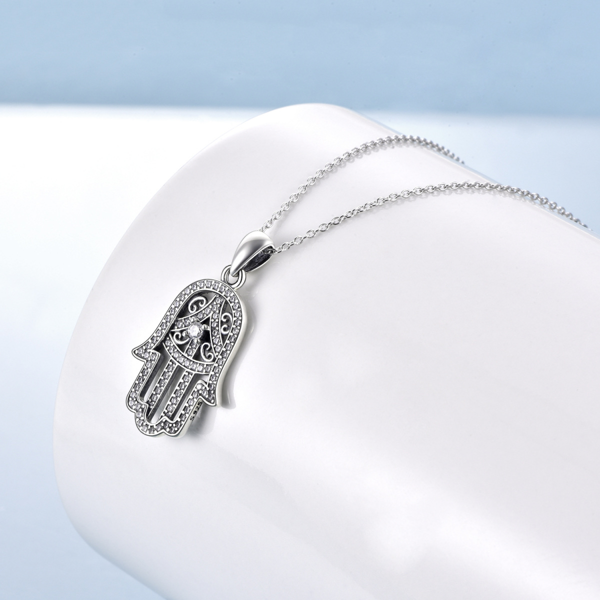 Collana con ciondolo a forma di mano Hamsa in argento 925 con zirconia cubica-3