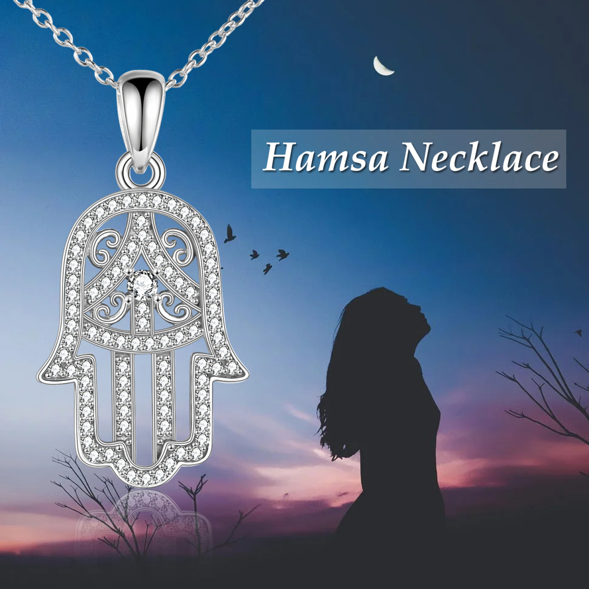 Plata de Ley Circonita Hamsa Mano Colgante Collar-5