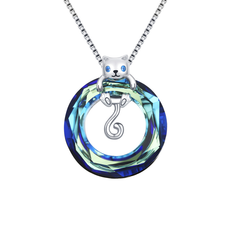 Sterling Silver Hanging Cat Crystal Pendant Necklace with Box Chain-18