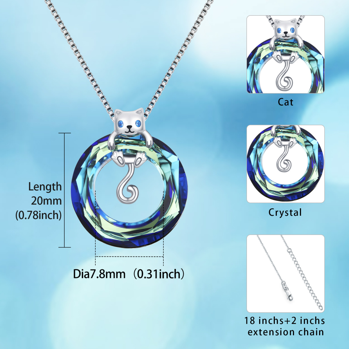 Sterling Silver Hanging Cat Crystal Pendant Necklace with Box Chain-4