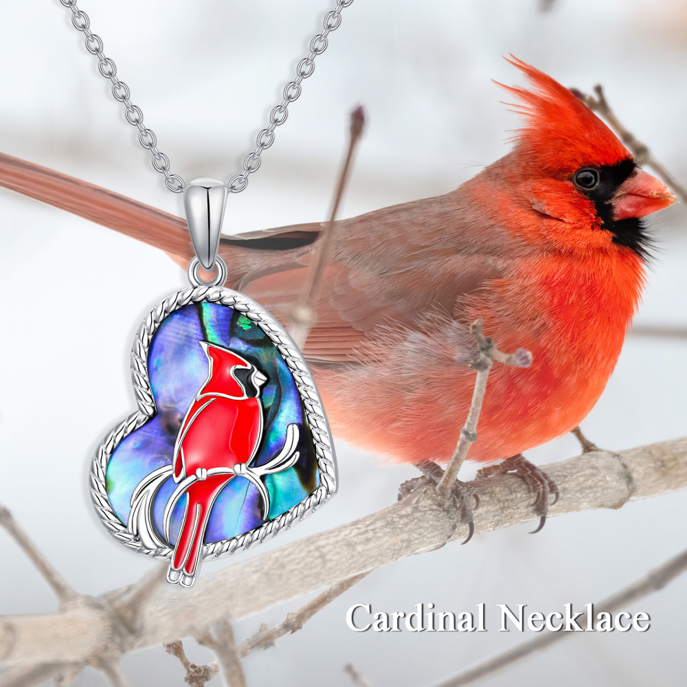 Sterling Silver Heart Abalone Shellfish Cardinal Pendant Necklace-3