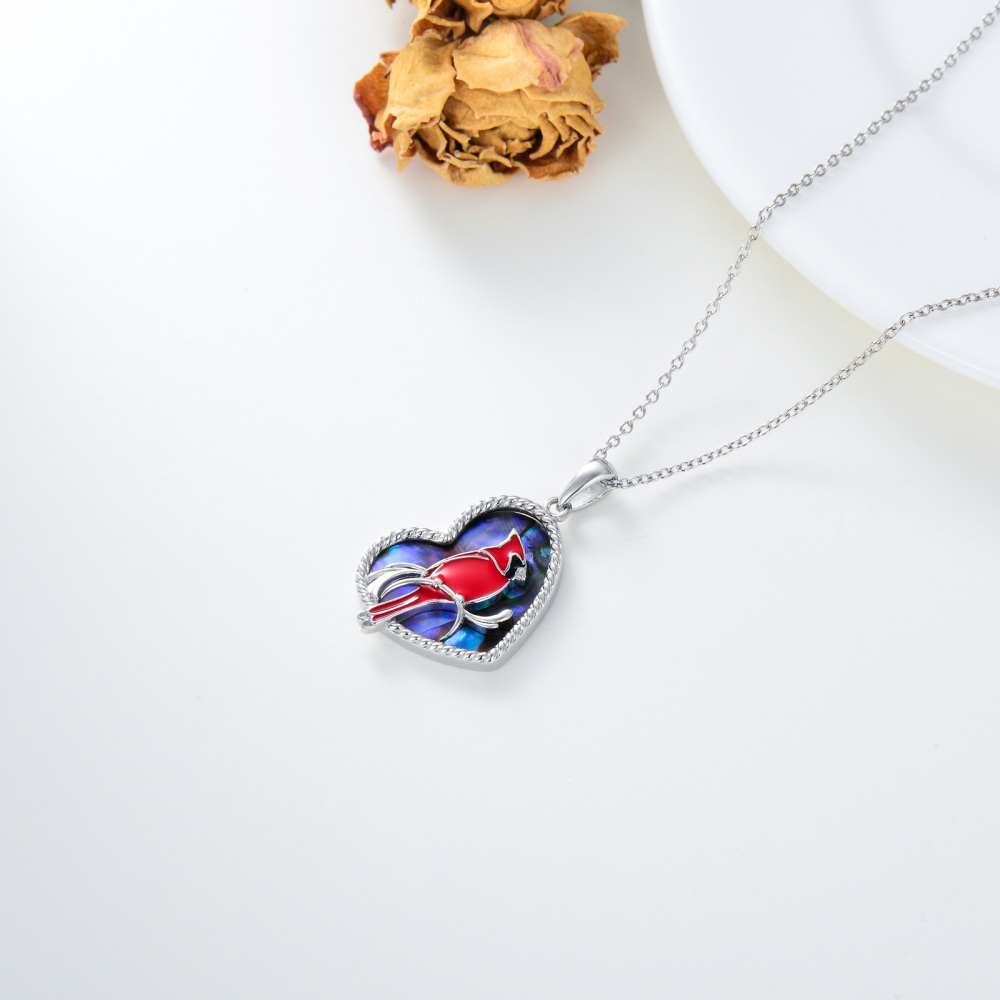 Sterling Silver Heart Abalone Shellfish Cardinal Pendant Necklace-5