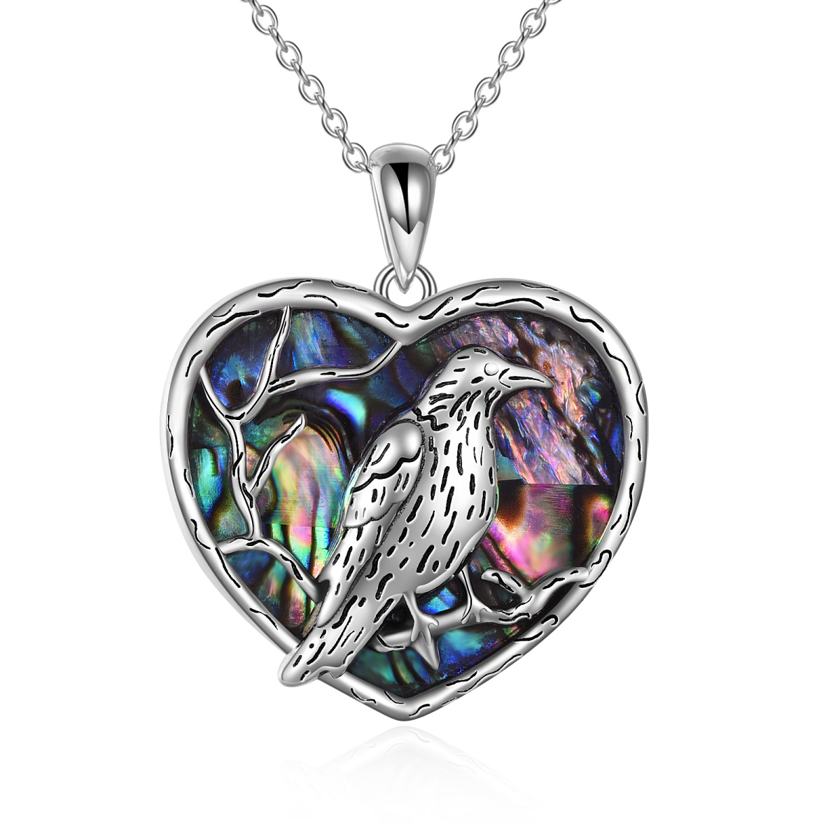 Collar con colgante de corazón y cuervo de mariscos de abulón de plata de ley para mujeres mejores amigas-1