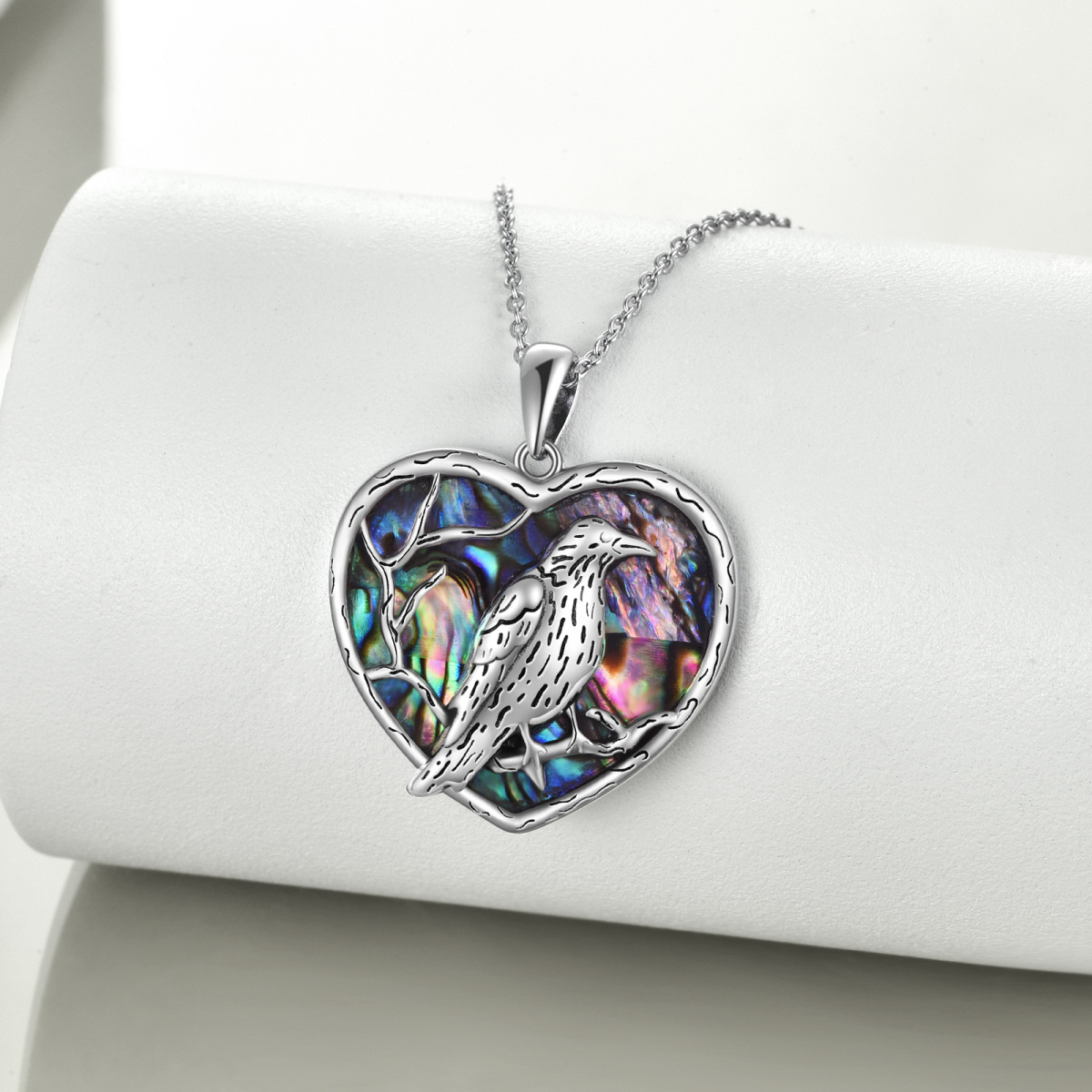 Collar con colgante de corazón y cuervo de mariscos de abulón de plata de ley para mujeres mejores amigas-3