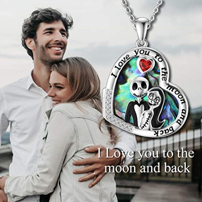 Sterling zilveren hart abalone schelpdieren schedel gepersonaliseerde fotozakje ketting met gegraveerd woord-3