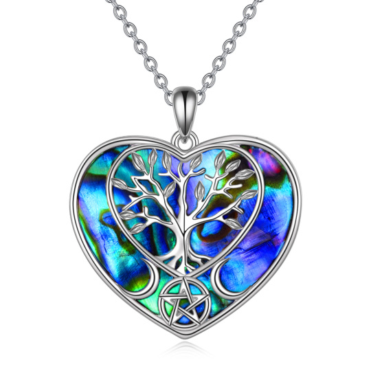 Collier pendentif arbre de vie en argent sterling avec pendentif en forme de cœur d'ormeau et de coquillages