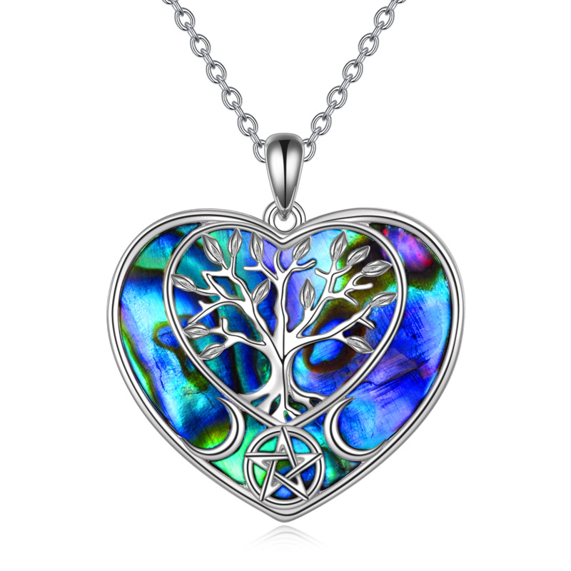 Sterling Silver Heart Abalone Shellfish Tree Of Life Pendant Necklace-18