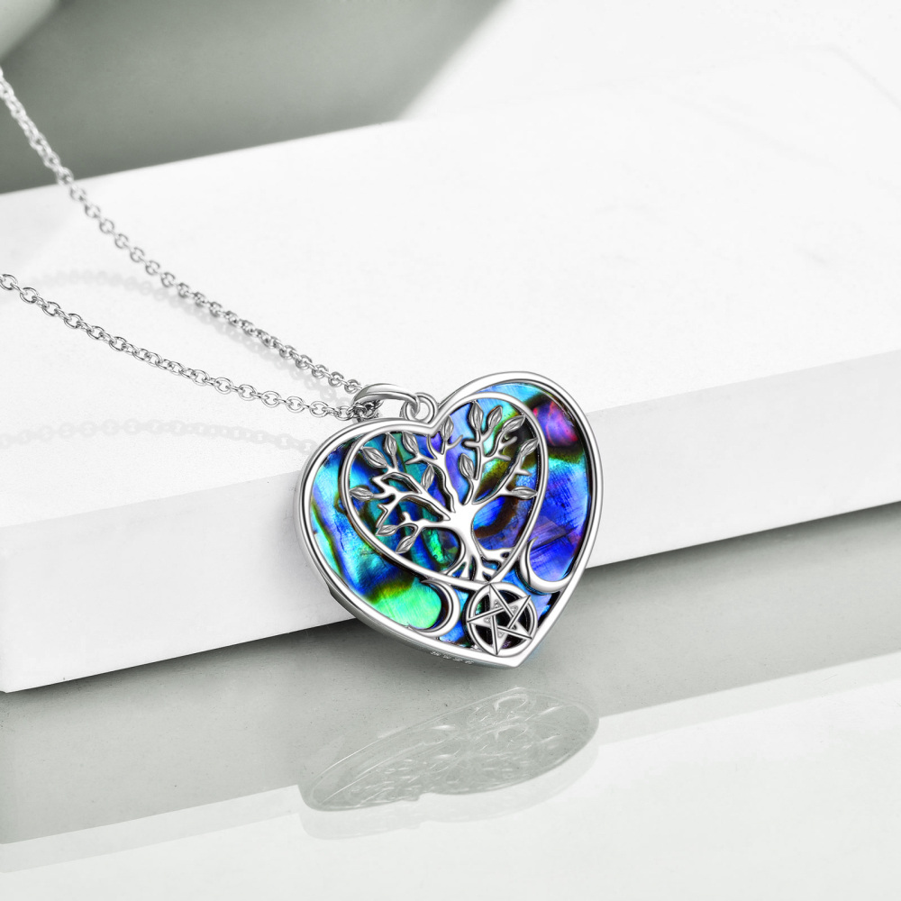 Sterling Silver Heart Abalone Shellfish Tree Of Life Pendant Necklace-3