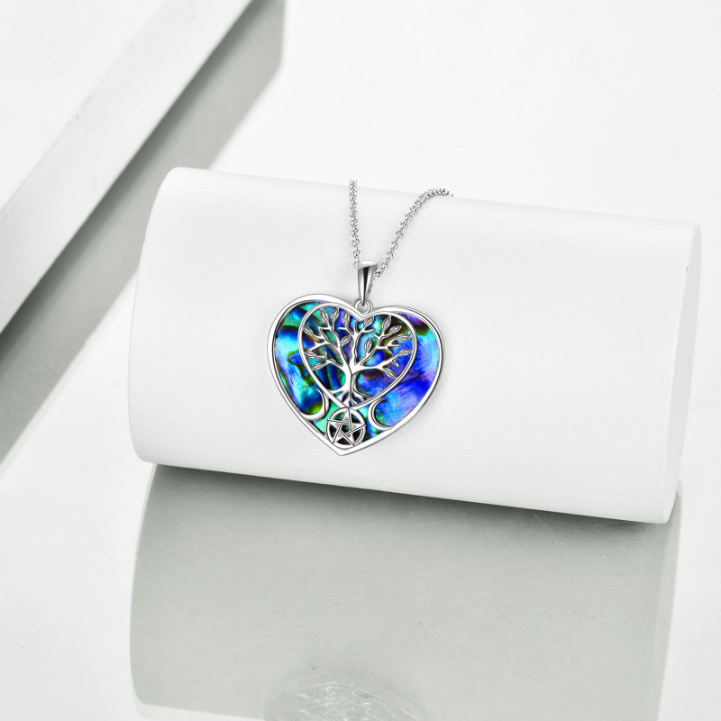 Sterling Silver Heart Abalone Shellfish Tree Of Life Pendant Necklace-4