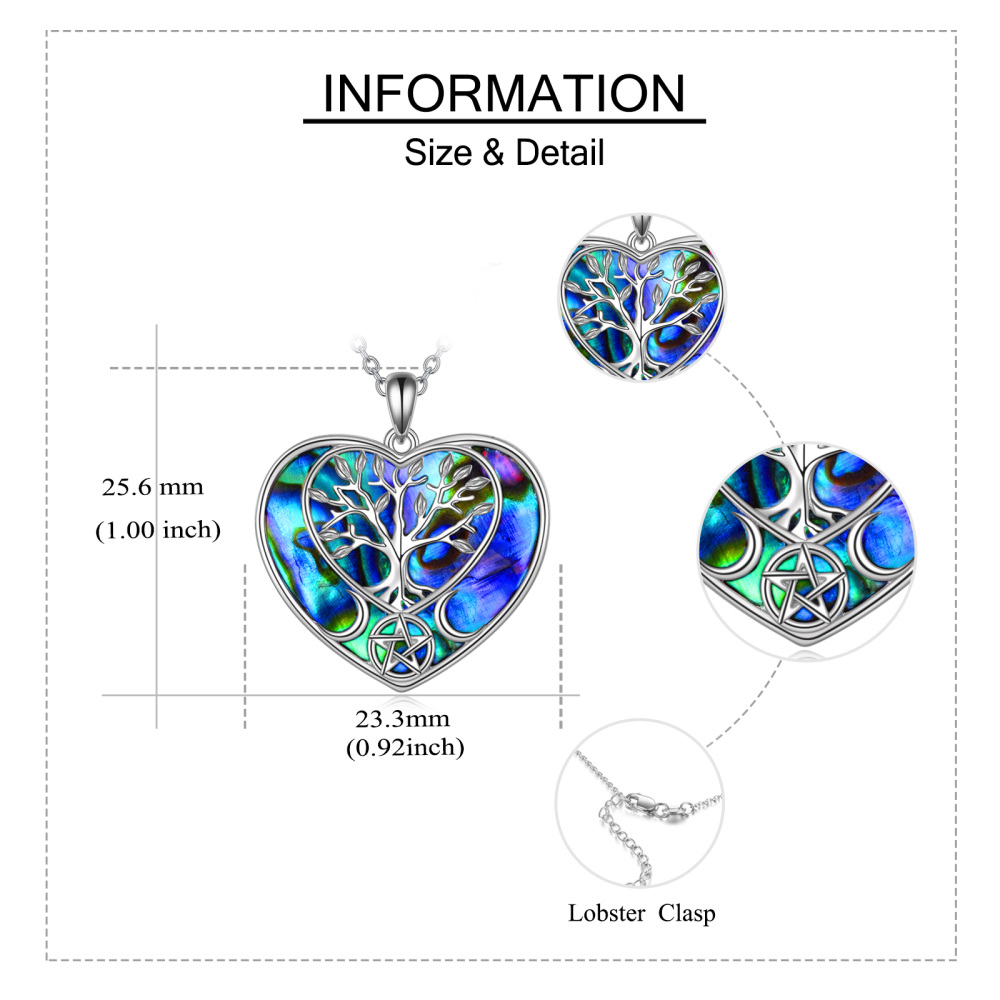 Sterling Silver Heart Abalone Shellfish Tree Of Life Pendant Necklace-5